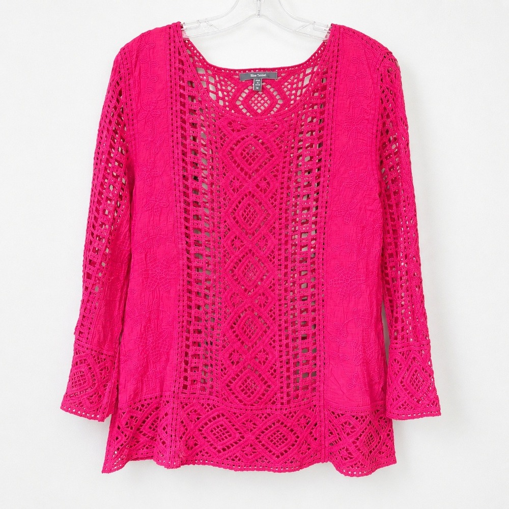Hot Pink Cotton Crochet Embroidered Boho Blouse M Fuchsia Resort Festival Top
